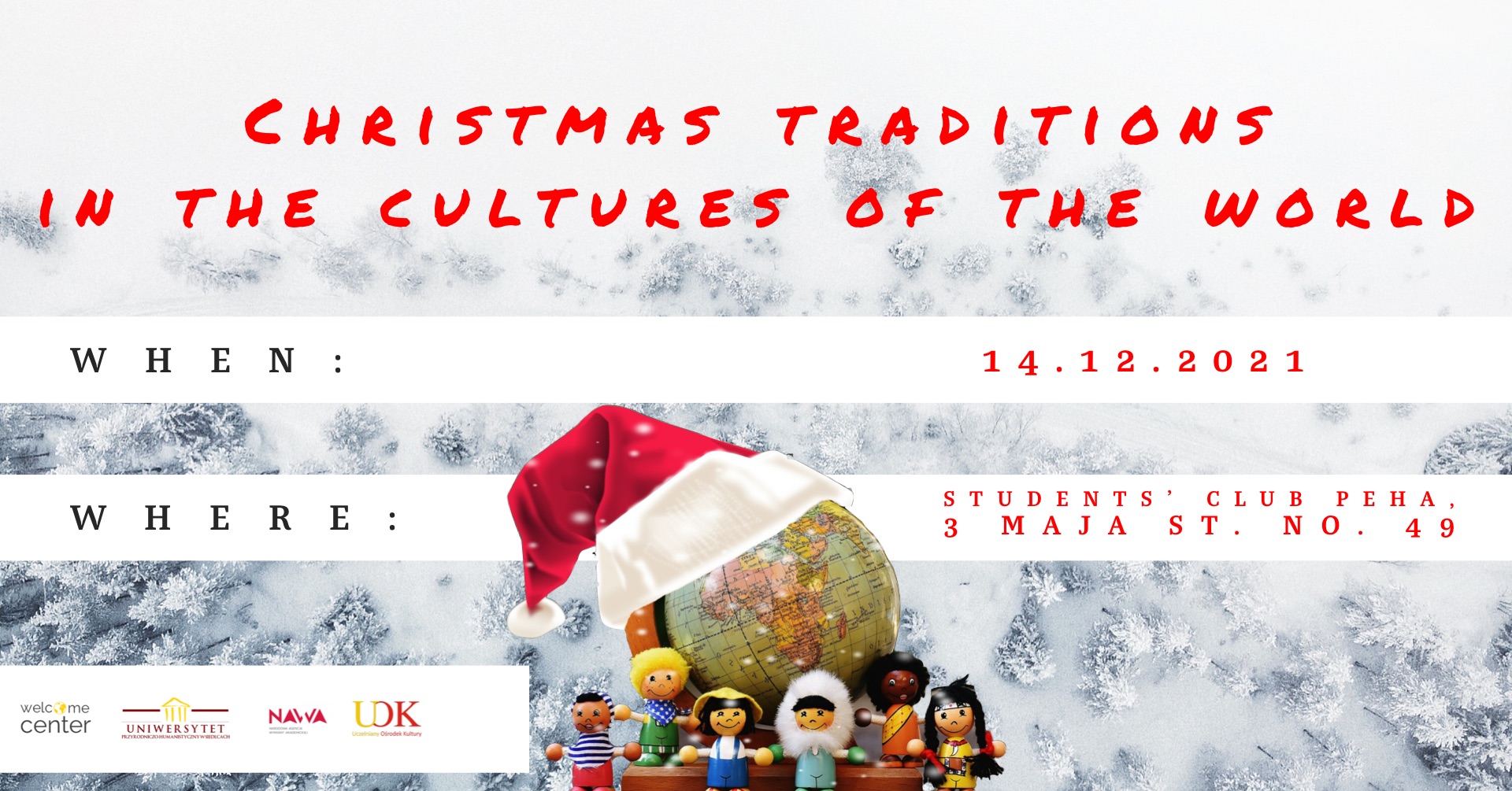 plakat z zaproszeniem na warsztaty: Tradycje Bożonarodzeniowe w kulturach świata w języku angielskim