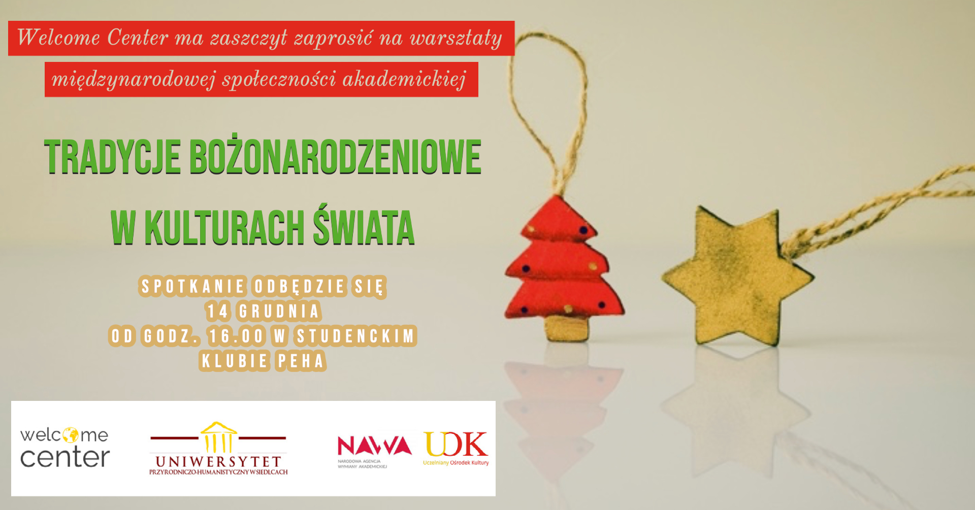 plakat z zaproszeniem na warsztaty: Tradycje Bożonarodzeniowe w kulturach świata w języku polskim